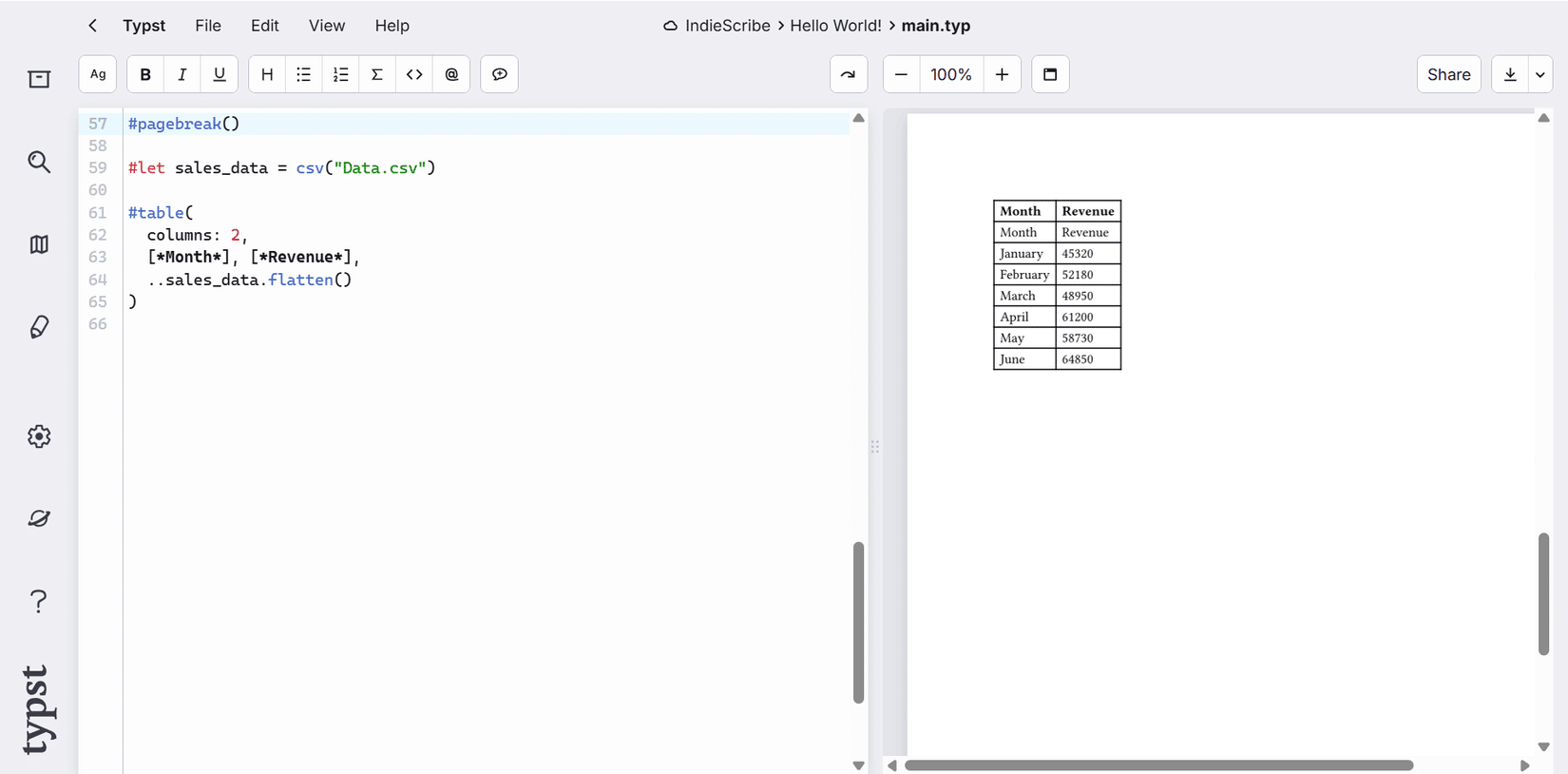 إدراج بيانات CSV وجداول البيانات في Typst.