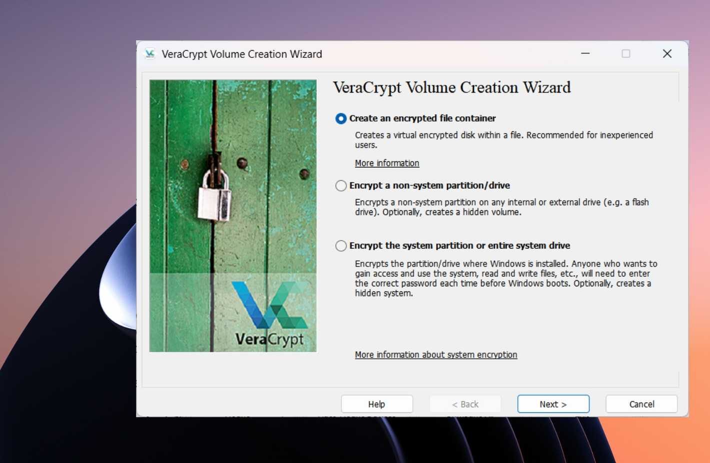 VeraCrypt 精靈提供建立加密檔案容器或加密分割區等選項