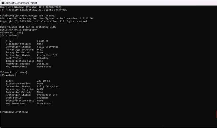 Verifica dello stato di BitLocker su un sistema Windows.