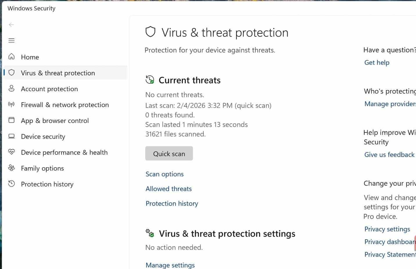 Ekran ochrony przed wirusami i zagrożeniami w systemie Windows 11.