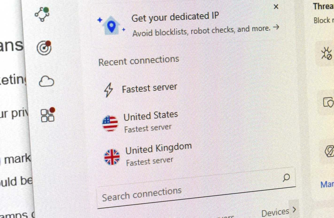 Opcje połączenia VPN NordVPN.