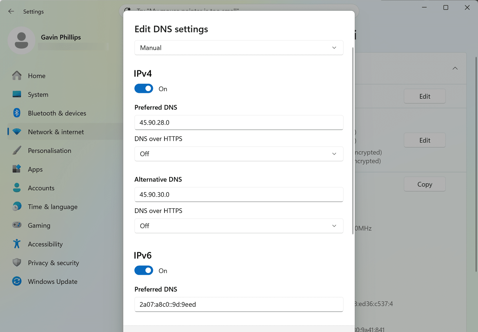 NextDNS-Netzwerkeinstellungen unter Windows 11.