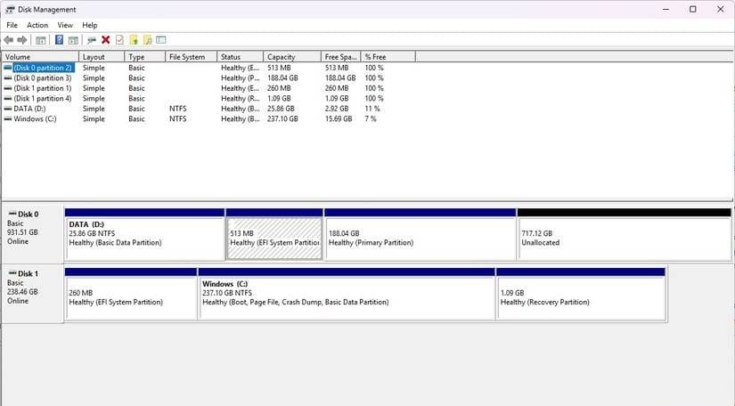 Gestione disco di Windows che mostra le partizioni del disco