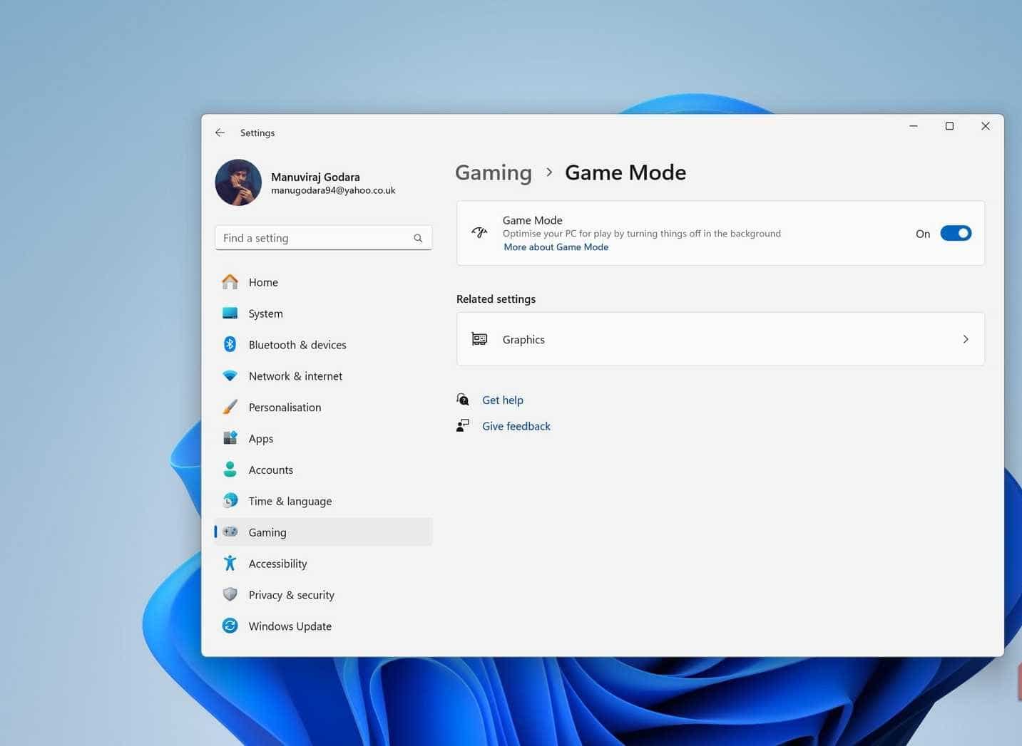 Page des paramètres du mode jeu sous Windows.