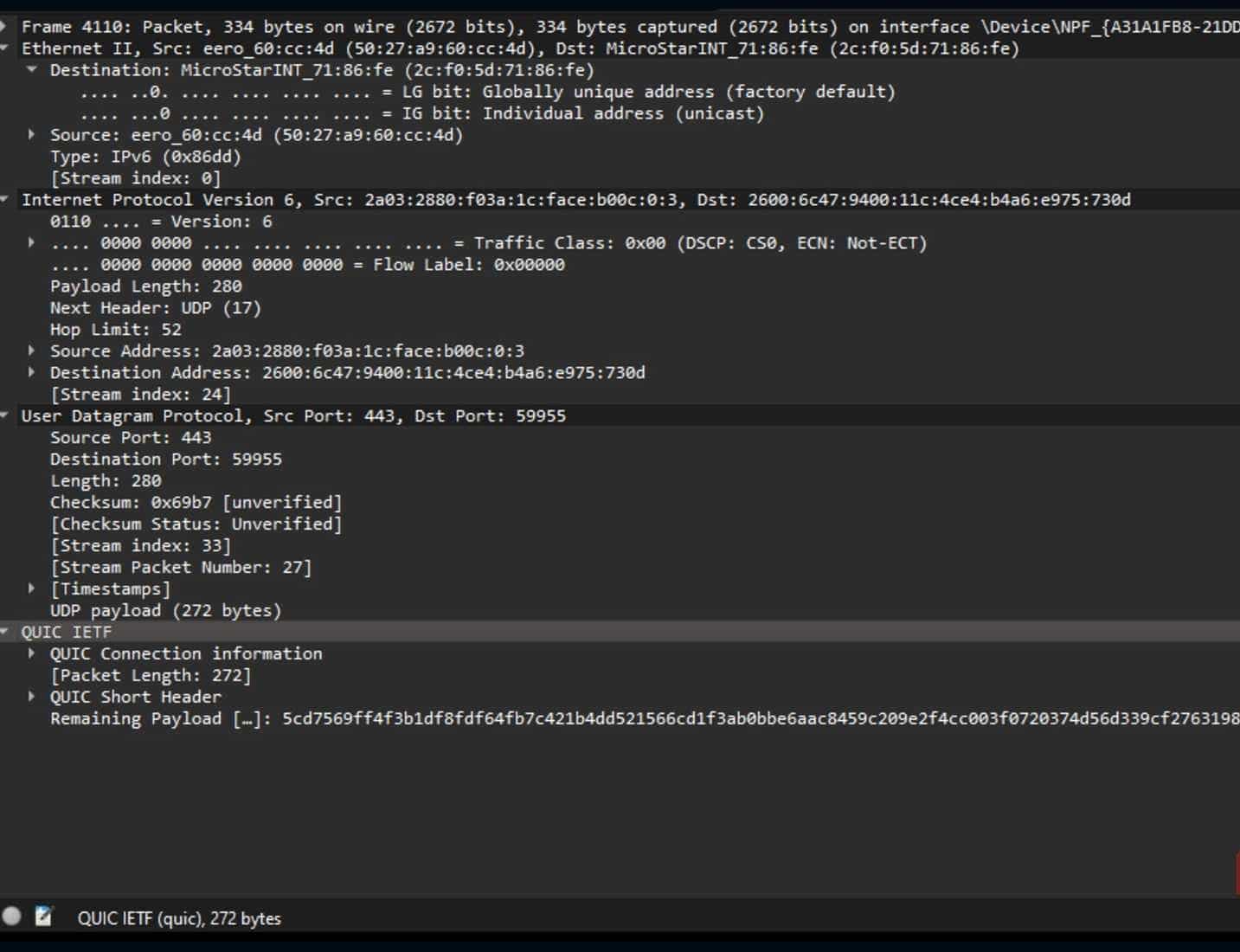 معلومات تفصيلية عن الشبكات في WireShark