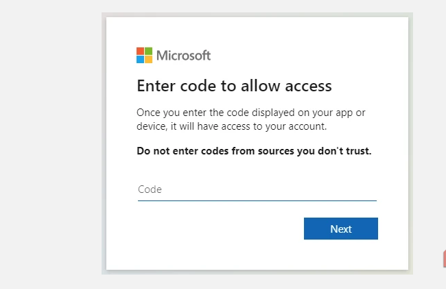 enter code to allow access prompt microsoft