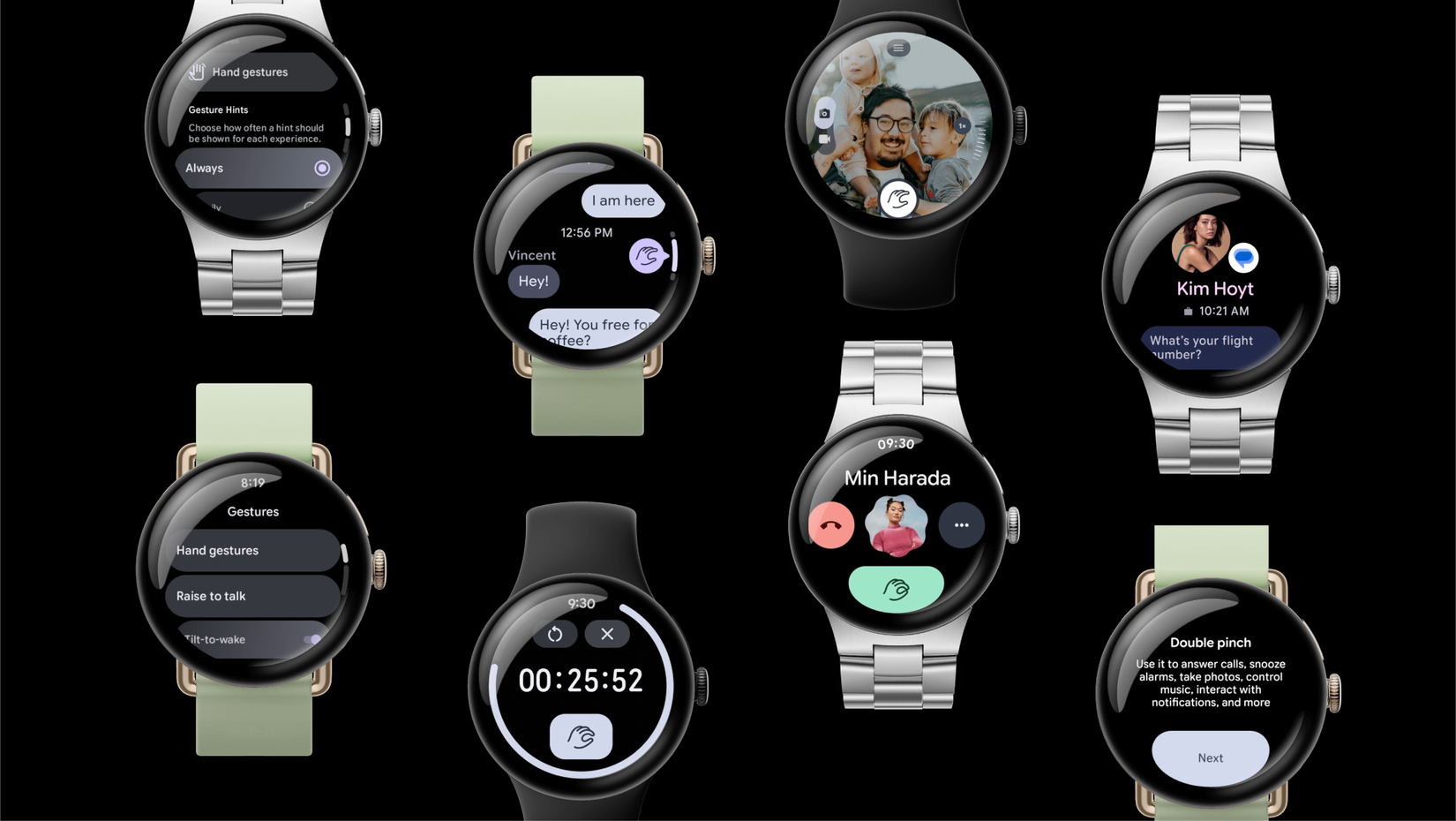 Vari quadranti Pixel Watch che mostrano i gesti