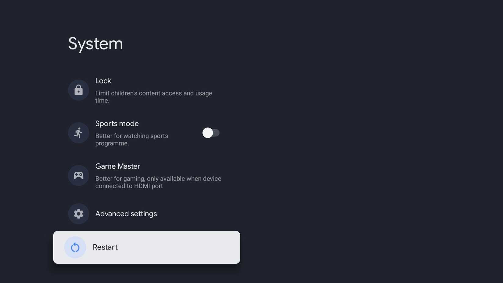 Restart option in Google TV settings