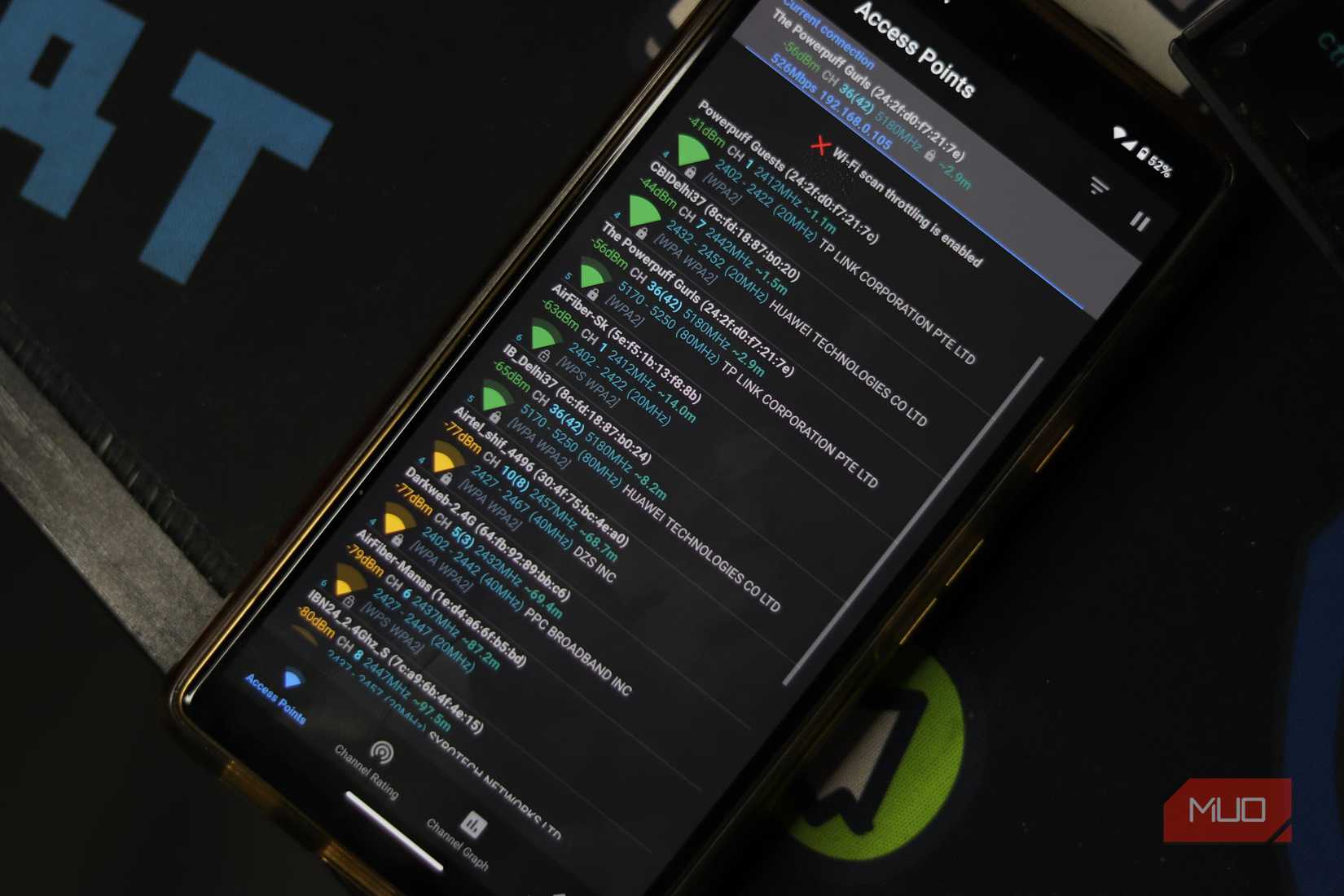 Multiple access points listed on the WiFi Analyzer app