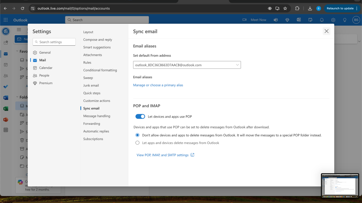 Outlook 7 のメール同期オプション