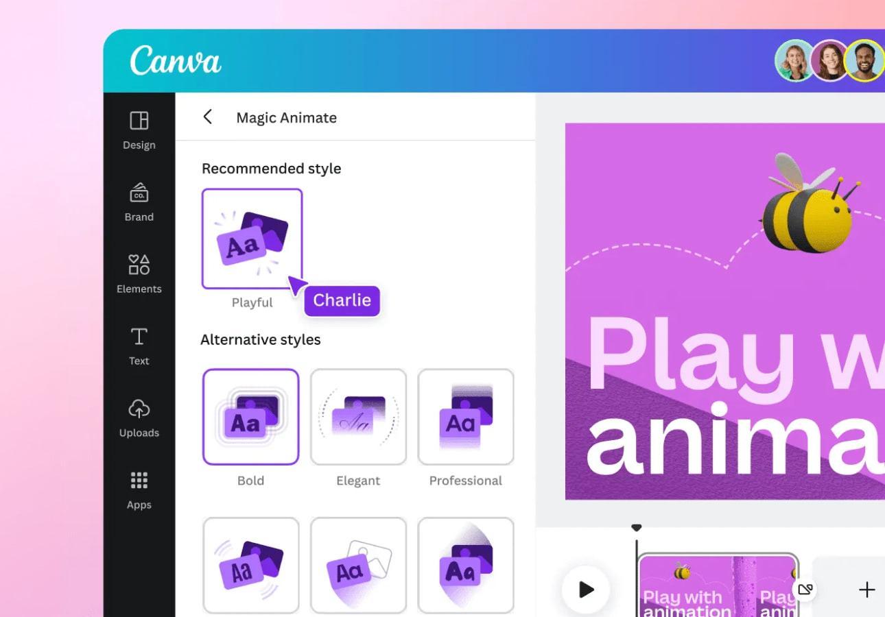 Imagen de la interfaz de Canva con el menú Magic Animate abierto.