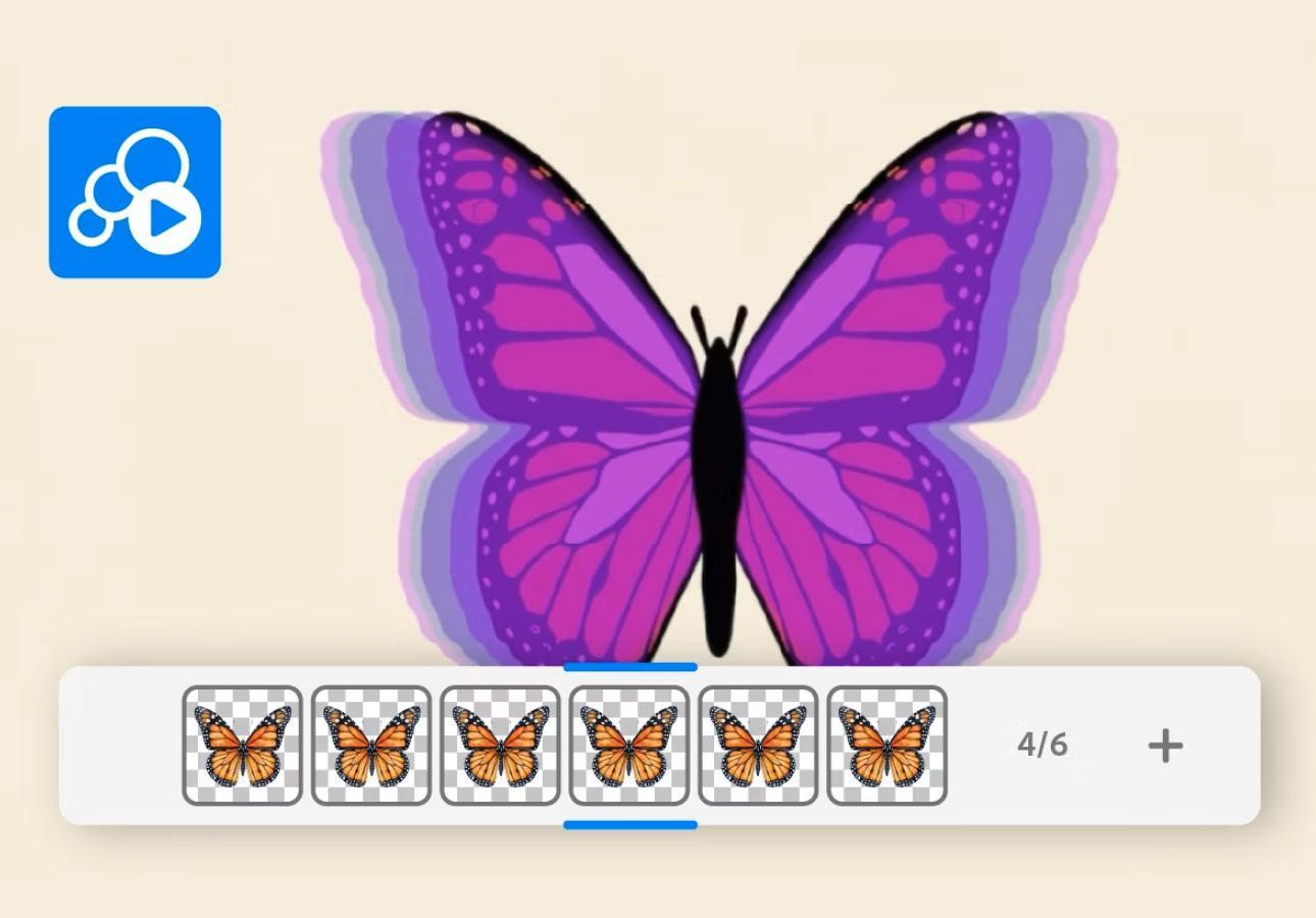 Imagen de la línea de tiempo de animación fotograma a fotograma en Adobe Fresco que muestra una mariposa.