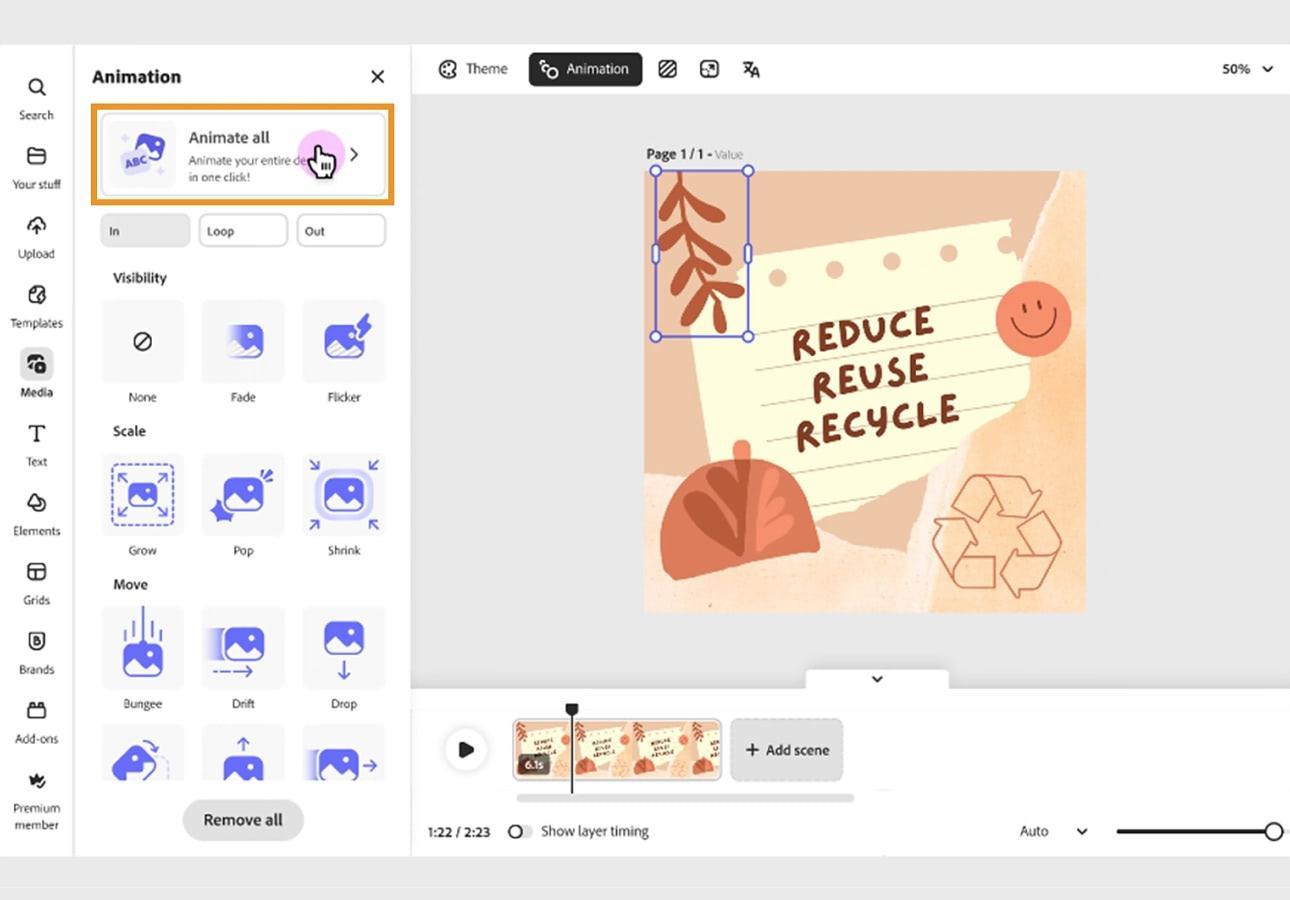 Captura de pantalla de los ajustes preestablecidos de animación en Adobe Express.