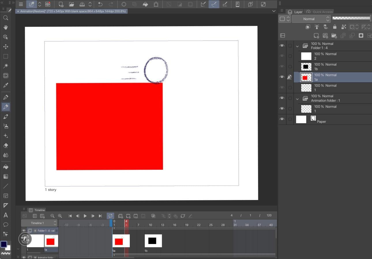Imagen de un círculo sobre un recuadro rojo dibujado en Clip Studio Paint en un iPad.