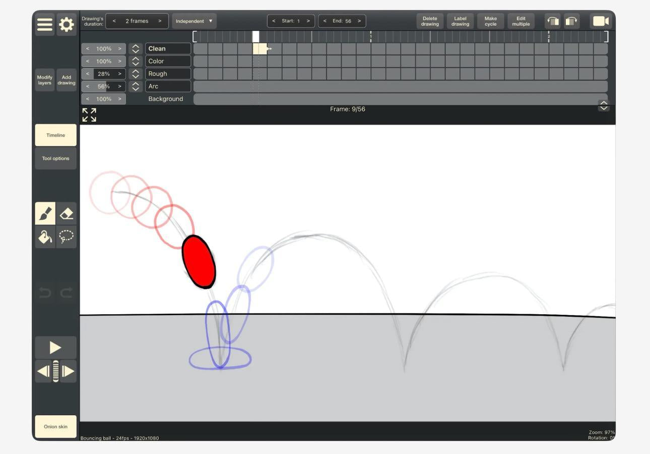 Imagen de un círculo rojo moviéndose a lo largo de una trayectoria dibujada en la aplicación Rough Animator.