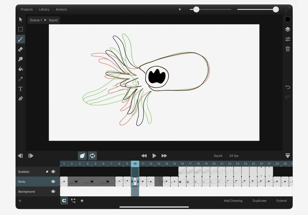 Una imagen del logotipo de ToonSquid animado dentro de la aplicación ToonSquid en iPad.