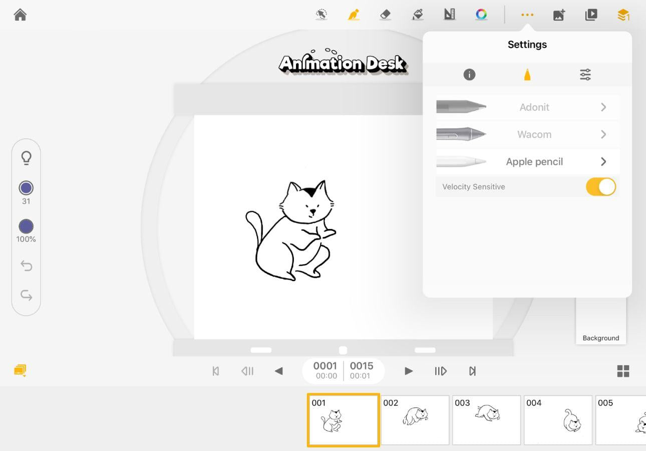 Una imagen de un gato siendo animado en la aplicación Animation Desk en un iPad.