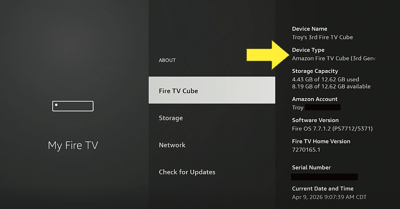 التحقق من نوع جهاز Fire TV الخاص بنا