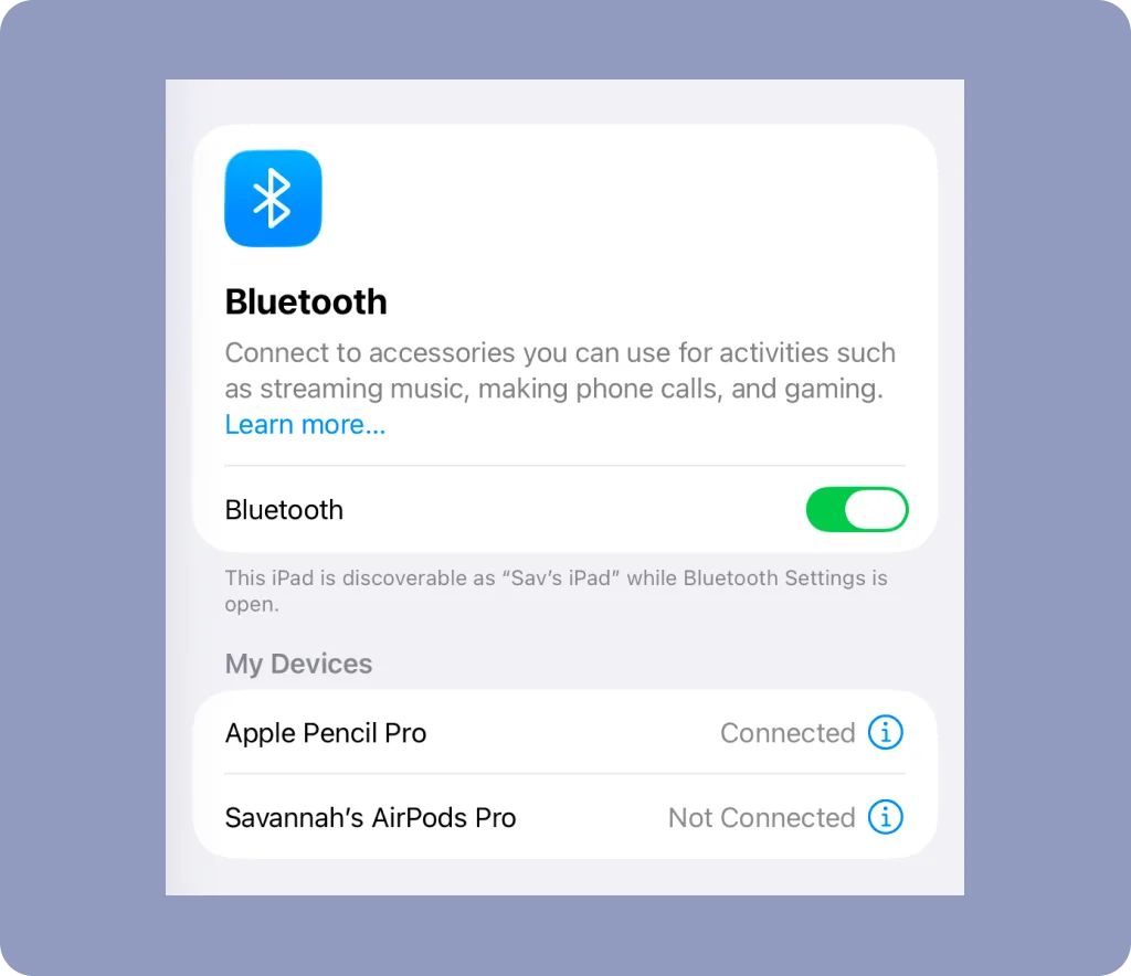 لقطة شاشة لإعدادات Bluetooth في جهاز iPad