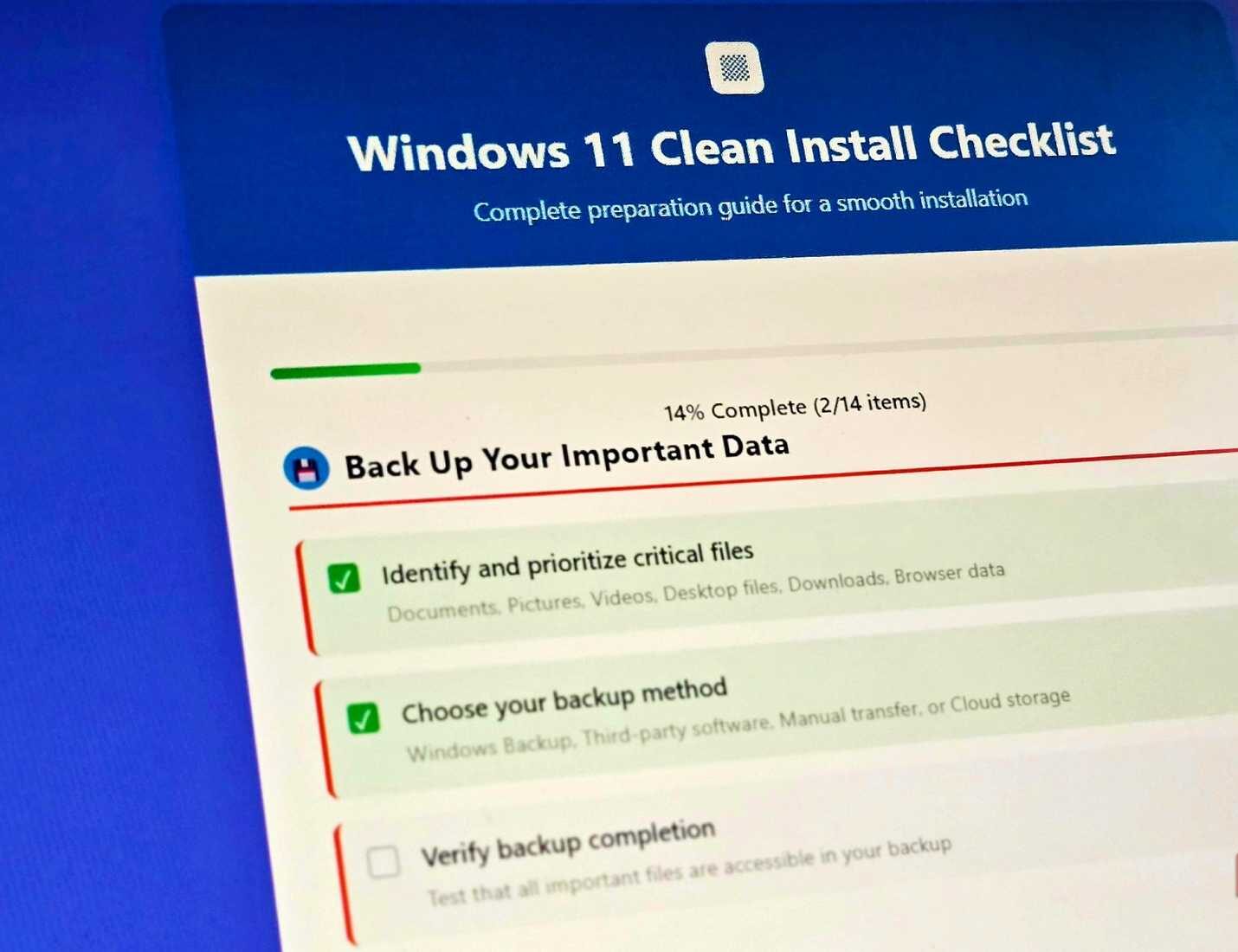 Λίστα ελέγχου καθαρής εγκατάστασης των Windows 11 σε οθόνη υπολογιστή