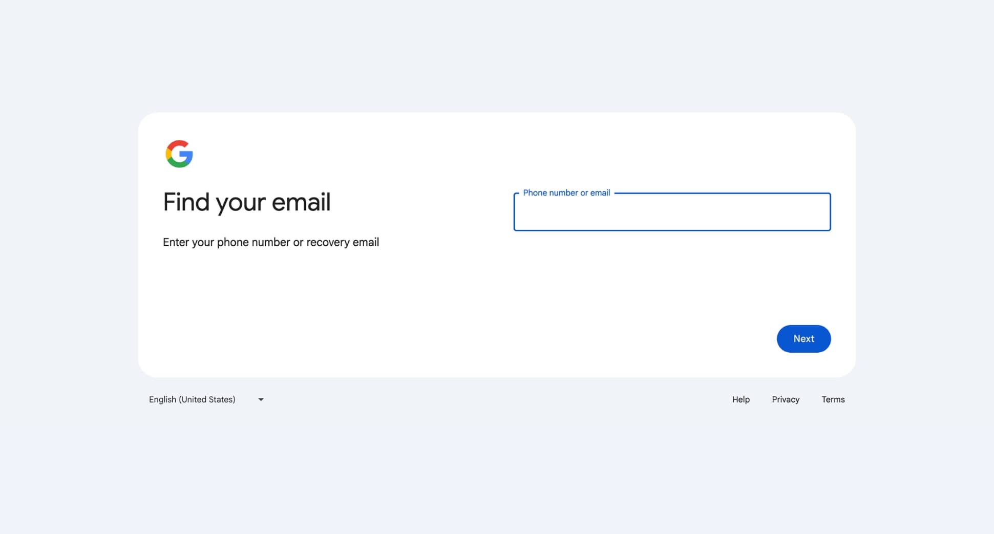 page de récupération de compte Gmail
