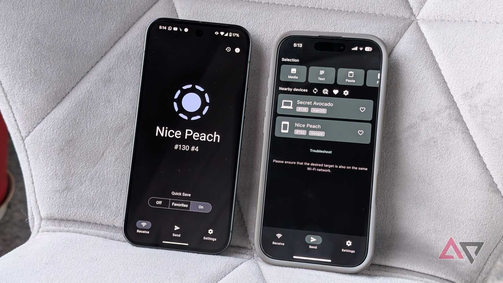 Due telefoni Android e un iPhone mostrano l'app LocalSend e i dispositivi connessi.