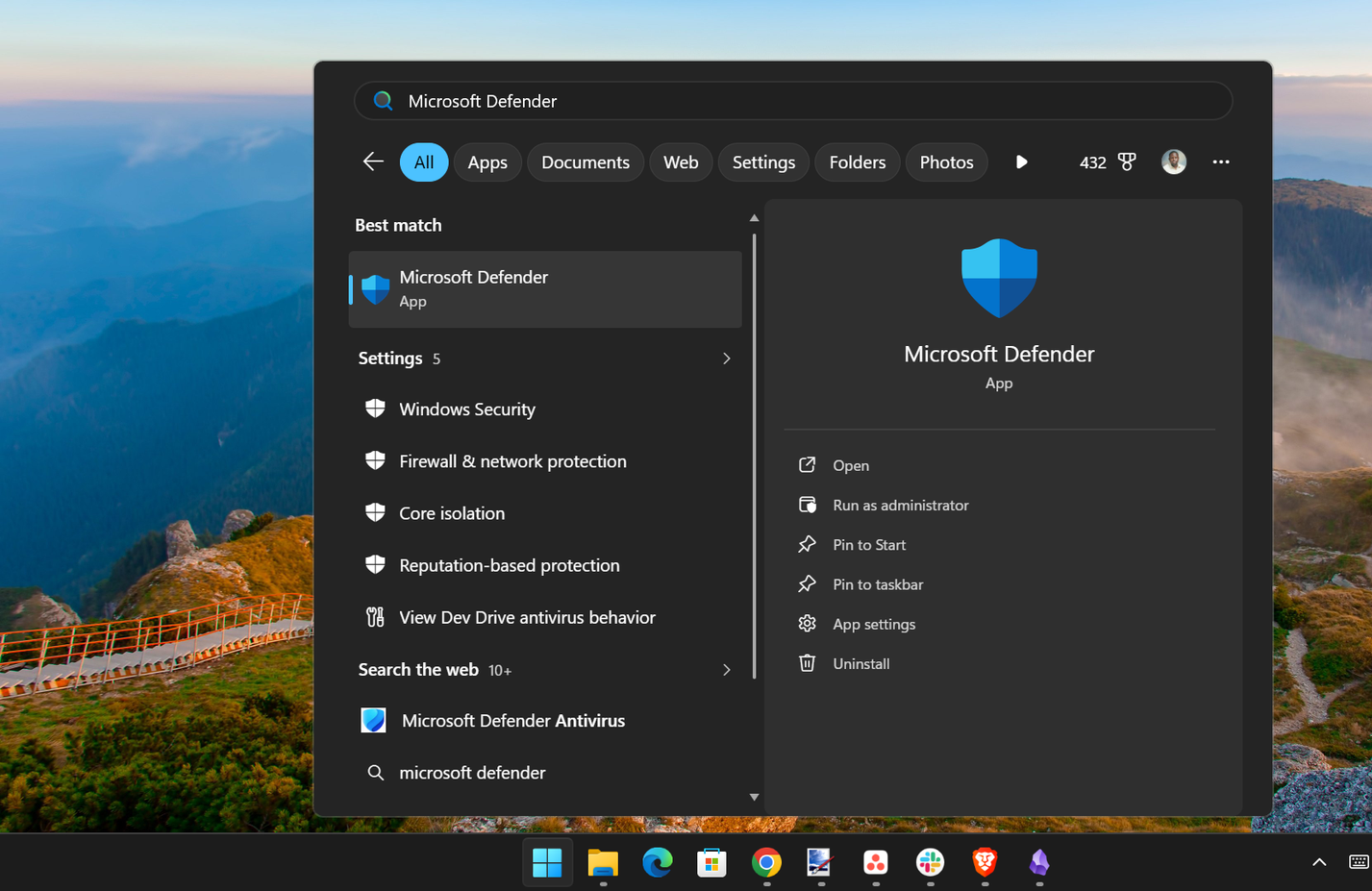 Το Microsoft Defender στα αποτελέσματα αναζήτησης.