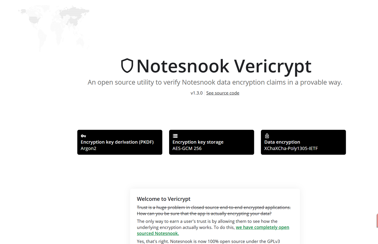 Pagina dello strumento Vericrypt di Notesnook.